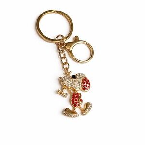 Snoopy Like Dog Gold Tone Keychain Backpack Charm Red Rhinestone Metal Clip